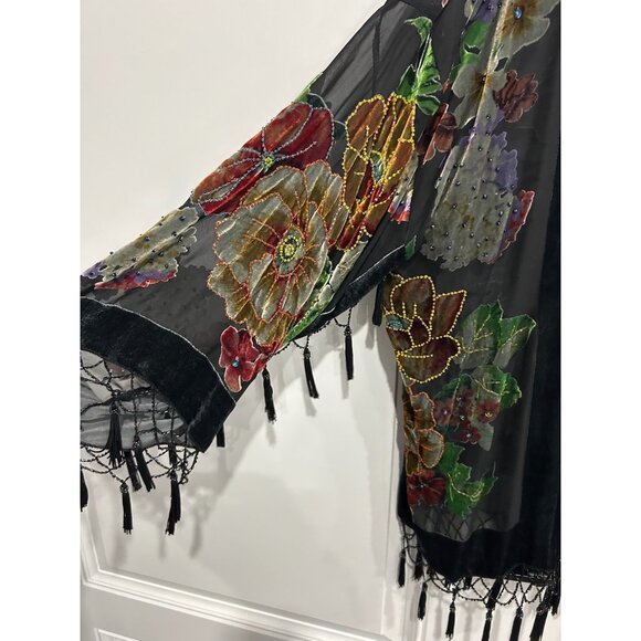 Floral Embroidered Sheer Burn Out Kimono Cardigan Fringe Beads Boho Whimsigoth - Picture 4 of 6